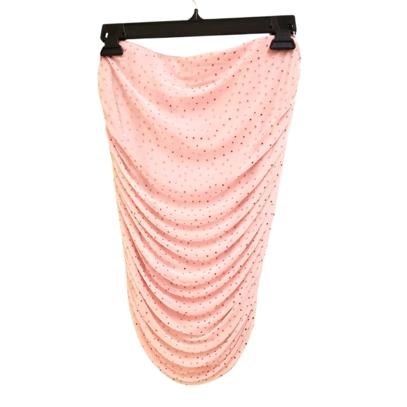 Ruched Rhinestone Bodycon Party Club Mini Skirt Pink Sparkly Slinky - Picture 1 of 7